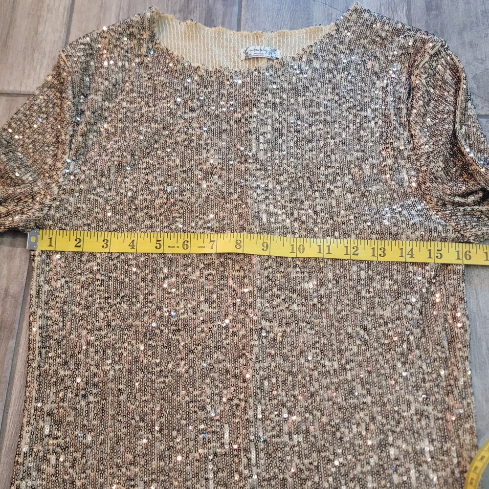 Intimately Free People Size Medium Sequin Top Women Gold Long Sleeve Mesh Glam - Picture 4 of 9